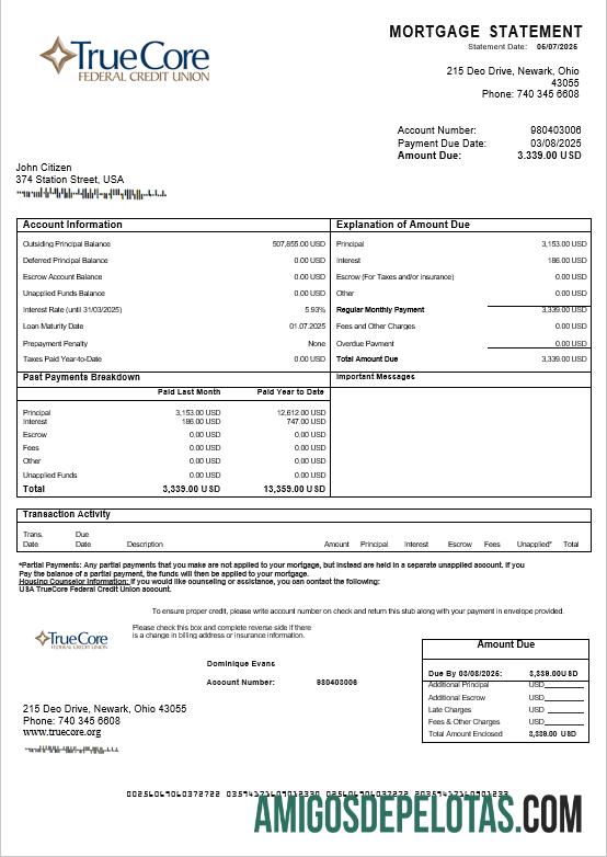 Extrato de hipoteca da conta da cooperativa de crédito federal TrueCore dos EUA em formatos Word e PDF exemplo real